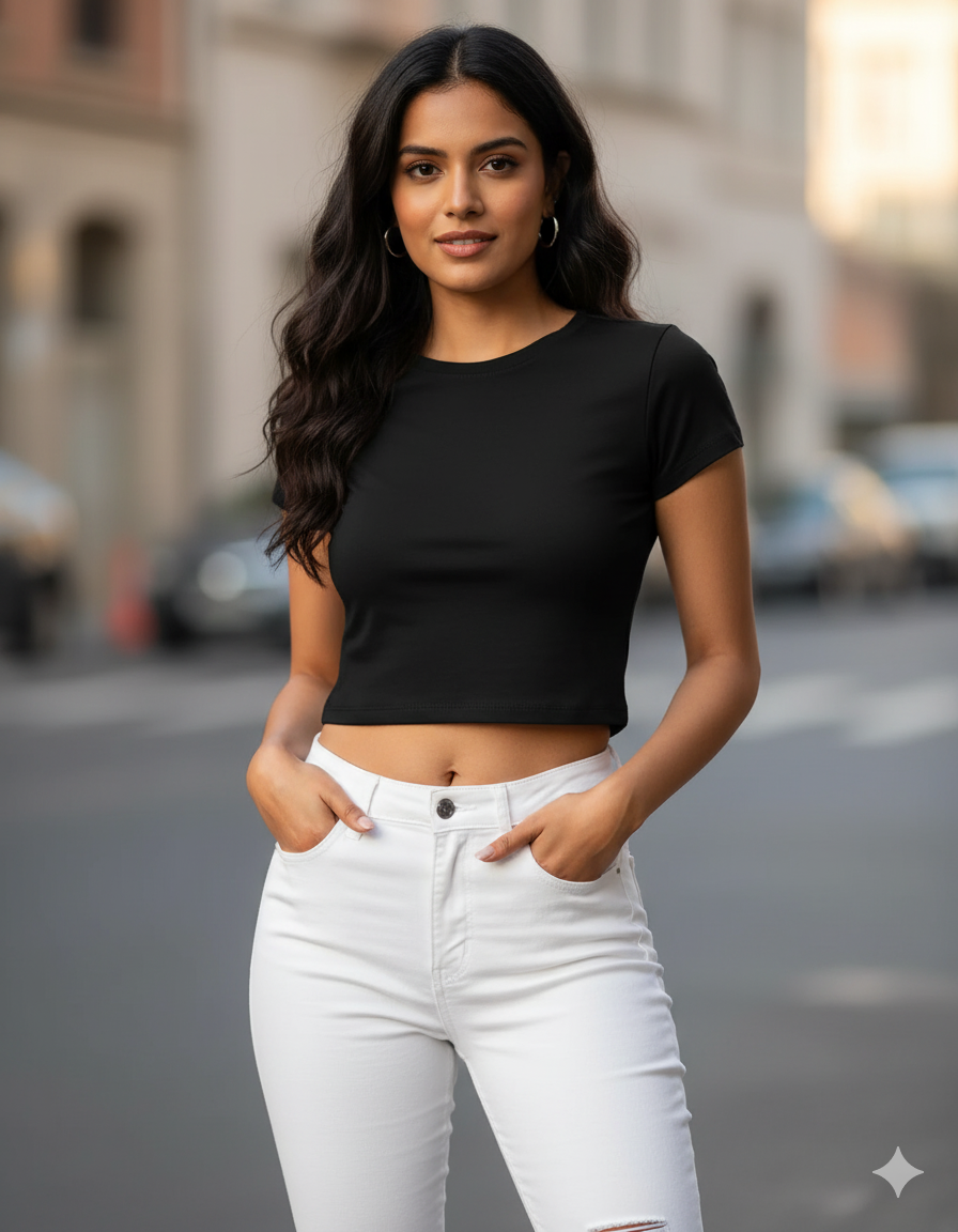 Black Plain Crop Tee